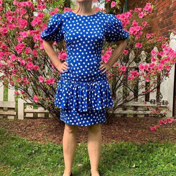 Totally awesome Vtg 80s blue & white silk dress - Picture 1 of 7